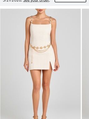 NADINE MERABI Cream Mini Dress with Gold Chain Accents